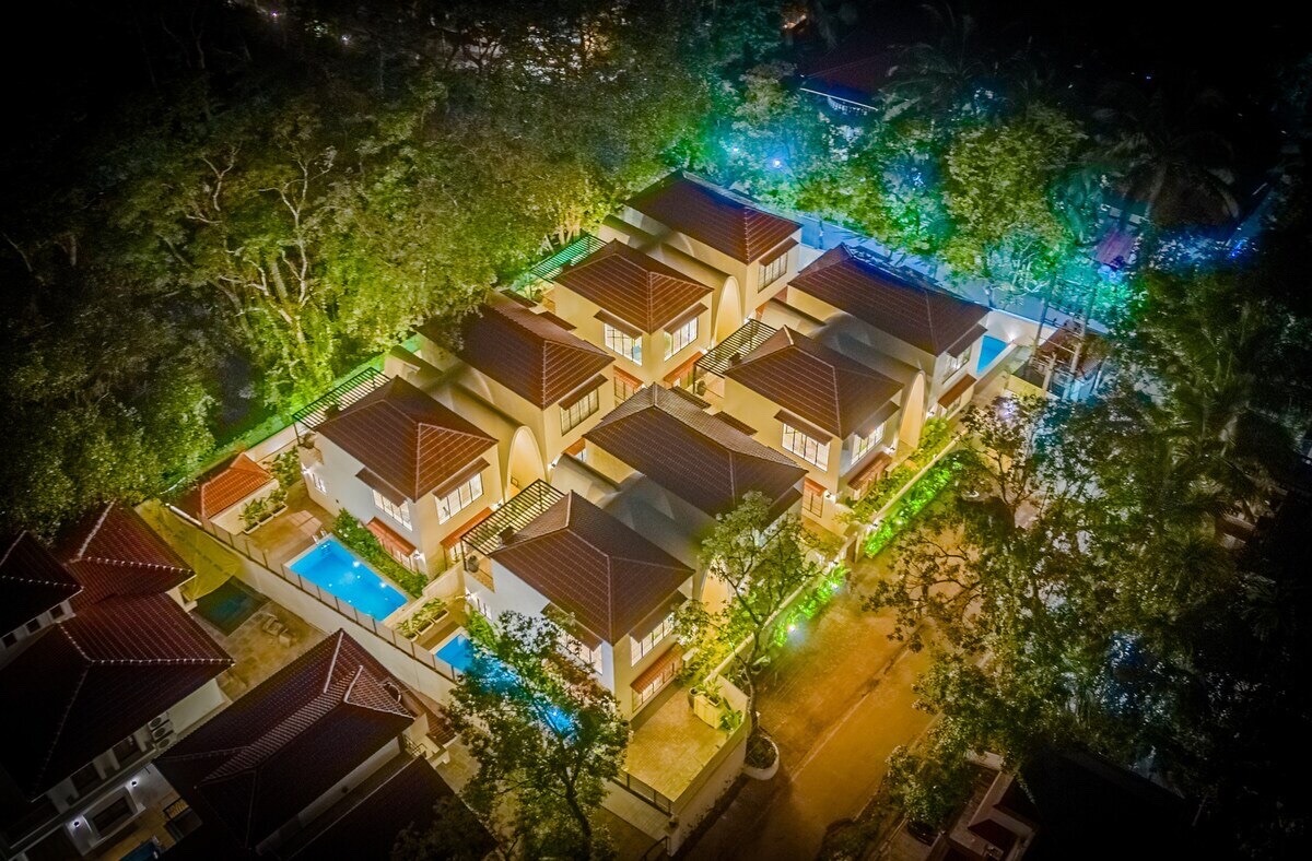 Aerial night view of a Giraffe villa enclave in Goa